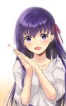  1girl fate/stay_night fate_(series) gradient gradient_background hair_ribbon highres i.f.s.f long_hair matou_sakura open_mouth purple_hair ribbon solo violet_eyes 