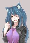  1girl ;d absurdres albireo_(yumekui_merry) animal_ears artist_request blue_hair blush cat_ears fang grey_background highres long_hair one_eye_closed open_mouth simple_background slit_pupils smile solo twintails yellow_eyes yumekui_merry 