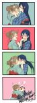  2girls 4koma absurdres blue_hair blush brown_hair closed_eyes comic english flower flying_sweatdrops forehead_kiss hair_flower hair_ornament hair_up hands_on_another&#039;s_head heart highres japanese_clothes jiyeong kimono kiss love_live!_school_idol_project multiple_girls open_mouth otonashi_kotori sonoda_umi steam sweat swoon yellow_eyes yuri 