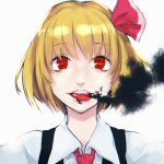  1girl blonde_hair darkness face hair_ribbon huyukai_higeta long_sleeves looking_at_viewer open_mouth outstretched_arms portrait red_eyes ribbon rumia shirt short_hair simple_background smile solo tongue tongue_out touhou vest white_background 