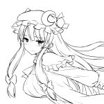  1girl blush breasts crescent crescent_hair_ornament hair_ornament hat long_hair mob_cap monochrome patchouli_knowledge simple_background solo_focus touhou white_background zaxwu 