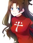  1girl blue_eyes breasts brown_hair fate/stay_night fate_(series) long_hair shirayuki_touya smile solo sweater toosaka_rin twintails white_background 