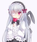  1girl amashiro_natsuki animal_ears backpack bag bow candy eyepatch frilled_sleeves frills hairband juliet_sleeves lolita_fashion lolita_hairband lollipop long_hair long_sleeves original puffy_sleeves rabbit_ears red_eyes shirt silver_hair skirt sleeves_past_wrists solo tongue tongue_out very_long_hair 