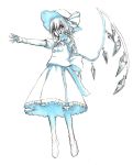  1girl crystal flandre_scarlet full_body graphite_(medium) hat hat_ribbon marker_(medium) monochrome outstretched_arms outstretched_hand puffy_short_sleeves puffy_sleeves ribbon shiratama_(hockey) short_hair short_sleeves skirt skirt_set solo touhou traditional_media wings wrist_cuffs 