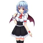  1girl alternate_costume armband bat_wings black_legwear black_skirt blue_hair blush collar corset fang frilled_collar frilled_skirt frills hand_up junior27016 no_hat open_mouth pointy_ears red_eyes remilia_scarlet shirt short_sleeves skirt small_breasts solo thigh-highs touhou white_shirt wings wrist_cuffs zettai_ryouiki 