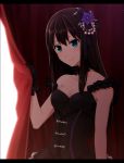  1girl bare_shoulders breasts brown_hair choker cleavage collarbone curtain_grab curtains dress flower gloves green_eyes hair_flower hair_ornament idolmaster idolmaster_cinderella_girls letterboxed nakamura_hiro_(nobody10ch) shibuya_rin small_breasts smile solo 