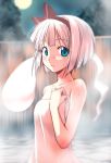  1girl blue_eyes blush collarbone fence full_moon hair_ribbon highres konpaku_youmu konpaku_youmu_(ghost) looking_at_viewer moon naked_towel nirap onsen ribbon short_hair silver_hair solo touhou towel 