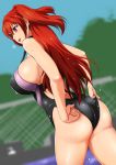  1girl :d ass blurry blush bol_(liliymimi) breasts competition_swimsuit depth_of_field large_breasts long_hair naruse_mio one-piece_swimsuit open_mouth red_eyes redhead shinmai_maou_no_testament sideboob smile solo swimsuit swimsuit_pull twintails two_side_up upper_body wet 