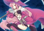 1girl bare_shoulders belt black_legwear blush boots breasts choker cleavage corset detached_sleeves earrings gloves hat heterochromia jewelry large_breasts long_hair low-tied_long_hair luminous_arc pink_hair pointy_ears red_eyes ring solo star tattoo thigh-highs vanessa_(luminous_arc) very_long_hair violet_eyes witch witch_hat yamucha 