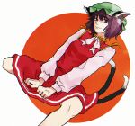  1girl animal_ears brown_eyes brown_hair cat_ears cat_tail chen dutch_angle fang hat huyukai_higeta jewelry long_sleeves looking_at_viewer mob_cap multiple_tails shirt short_hair single_earring sitting skirt skirt_set smile solo tail touhou turtleneck vest 