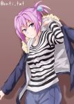  1girl anti_(untea9) blue_eyes blush casual commentary_request dressing highres jacket kantai_collection long_hair looking_at_viewer pink_hair ponytail shiranui_(kantai_collection) shirt short_ponytail solo striped striped_shirt twitter_username 