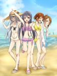  6+girls akatsuki_(kantai_collection) arm_up beach bikini blush brown_hair cape character_request chihiri closed_eyes commentary_request folded_ponytail frilled_bikini frills hat hibiki_(kantai_collection) ikazuchi_(kantai_collection) inazuma_(kantai_collection) kantai_collection kiso_(kantai_collection) leg_up long_hair looking_at_viewer multiple_girls navel open_mouth sandals smile swimsuit 