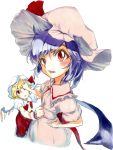  2girls blonde_hair clothes_grab flandre_scarlet from_above hat holding looking_at_viewer marker_(medium) mob_cap multiple_girls one_eye_closed perspective purple_hair red_eyes remilia_scarlet shiratama_(hockey) short_hair siblings sisters skirt skirt_set touhou traditional_media wince 