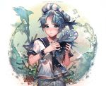  1boy belt blue_eyes blue_hair blush bubble cookie_run denim dolphin kawacy musical_note paper_boat_sailor peppermint_cookie sailor short_sleeves solo underwater 