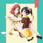  2c=galore 2girls :q black_hair cake chef_hat earrings feeding food food_in_mouth hat jewelry love_live!_school_idol_project maid_headdress mouth_hold multiple_girls nishikino_maki pizza plate red_eyes redhead sitting skirt socks thigh-highs tongue tongue_out twintails violet_eyes waitress yazawa_nico zettai_ryouiki 