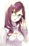  1girl blue_eyes breasts cleavage cleavage_cutout glasses idolmaster idolmaster_cinderella_girls long_hair open-chest_sweater purple_hair semi-rimless_glasses simple_background solo sweater tamaki_fuyu turtleneck under-rim_glasses white_background yagami_makino 