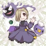  1girl @_@ blonde_hair blush dress drifloon dusk_ball gastly hair_over_one_eye hairband hex_maniac_(pokemon)_(cosplay) idolmaster idolmaster_cinderella_girls open_mouth poke_ball pokemon pokemon_(creature) shirasaka_koume sore_(whirlwind) 