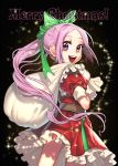  1girl belt bow christmas dress frilled_dress frills gloves hair_bow merry_christmas open_mouth original pink_eyes pink_hair ponytail puffy_short_sleeves puffy_sleeves red_dress sack short_sleeves smile solo sparkle wadani_hitonori white_gloves 