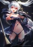  1girl albino armor babydoll bird_wings black_panties collarbone contrapposto gauntlets highres looking_at_viewer low_twintails navel open_mouth original panties polearm red_eyes silver_hair solo swd3e2 thigh-highs twintails underwear weapon white_hair wings 