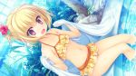  1girl @_@ bikini blonde_hair blush dutch_angle flower frilled_bikini frills game_cg hair_flower hair_ornament highres looking_at_viewer mikagami_mamizu open_mouth parfil short_hair sitting solo swimsuit towel violet_eyes wading water wavy_mouth world_election 