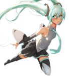 1girl aqua_eyes aqua_hair black_legwear detached_sleeves domo1220 hatsune_miku long_hair looking_at_viewer necktie parted_lips simple_background solo thigh-highs twintails vocaloid white_background 