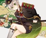  1boy armor cape garters green_eyes grey_legwear hat hotarumaru japanese_armor kneehighs male_focus ootachi seigaiha shorts silver_hair smile sock_garters sode sword touken_ranbu weapon zaro 