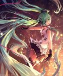  1girl absurdly_long_hair floating_hair from_behind gloves green_eyes green_hair hatsune_miku headphones long_hair outstretched_arms skirt solo spread_arms tachikawa_mushimaro thigh-highs twintails very_long_hair vocaloid 