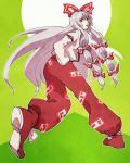  1girl from_behind fujiwara_no_mokou full_body green_background hair_ribbon hands_in_pockets huyukai_higeta long_hair long_sleeves looking_at_viewer looking_back pants parted_lips puffy_sleeves ribbon shirt shoes silver_hair solo touhou tress_ribbon 