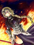 1girl akashiro_sen armor armored_dress blonde_hair braid breasts capelet fate/apocrypha fate/grand_order fate/stay_night fate_(series) fire gauntlets headpiece highres jeanne_d&#039;arc long_hair looking_away ruler_(fate/apocrypha) single_braid solo thigh-highs violet_eyes 