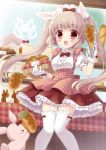  1girl :o animal_ears apron basket blush bread brown_eyes brown_hair dress food gloves highres long_hair mana_(10221125) moe2016 open_mouth original puffy_sleeves rabbit rabbit_ears solo tagme thigh-highs twintails very_long_hair waist_apron 