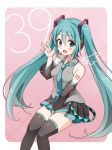  1girl :d aqua_necktie between_legs black_legwear black_skirt blush bodypaint breasts character_name collared_shirt detached_sleeves eyebrows eyebrows_visible_through_hair glint grey_shirt hair_between_eyes hand_between_legs hatsune_miku headgear headphones headset long_hair long_sleeves looking_at_viewer necktie number open_mouth pink_background pleated_skirt shirt simple_background sitting skirt sleeveless sleeveless_shirt smile snowmi solo tareme tattoo thigh-highs twintails very_long_hair vocaloid waving white_border zettai_ryouiki 