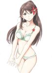  1girl alternate_costume amagi_(kantai_collection) breasts brown_eyes brown_hair hair_between_eyes highres kantai_collection large_breasts leaf long_hair looking_at_viewer maple_leaf midriff mole mole_under_eye navel ponytail simple_background smile solo vent_arbre 