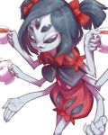  1girl :3 black_eyes black_hair bubble_skirt cup drink extra_eyes fangs grey_skin hair_ribbon holding holding_cup insect_girl liquid mirin_(1815815) muffet multiple_arms open_mouth puffy_short_sleeves puffy_sleeves red_skirt ribbon short_sleeves short_twintails skirt solo spider_girl standing tea teacup teapot transparent_background twintails undertale upper_body 