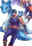  1boy abs absurdres backpack bag blue_hair boots braviary brown_boots clenched_hand crossover fingerless_gloves gloves green_eyes highres jojo_no_kimyou_na_bouken jonathan_joestar lapras male_focus marill midriff muscle navel oikabe_(saaaaaaaato) pokemon pokemon_(creature) snowflakes tank_top 
