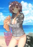  1girl ahoge bag beach bikini blue_sky body_mahattaya_ginga breasts brown_eyes clouds cloudy_sky hagikaze_(kantai_collection) jacket kantai_collection large_breasts long_hair long_sleeves looking_at_viewer ocean purple_hair rock sand side_ponytail sky smile solo swimsuit towel water wet white_bikini white_swimsuit 