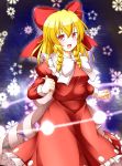  1girl :d aka_tawashi ayana_(touhou) blonde_hair blurry blush bow depth_of_field dress drill_hair floral_background hair_bow highres long_sleeves looking_at_viewer open_mouth puffy_long_sleeves puffy_sleeves red_bow red_dress red_eyes ribbon smile solo touhou touhou_(pc-98) white_bow white_ribbon 