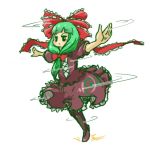  1girl bow chamaji commentary_request dress frilled_dress frills front_ponytail green_hair hair_bow hair_ribbon kagiyama_hina lace outstretched_arms pantyhose ribbon shoes short_sleeves simple_background solo spinning spread_arms touhou 