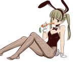 1girl animal_ears blonde_hair blush boa_(4chan) bowtie bunny_tail bunnysuit carrot colored eating fishnet_stockings fishnets flat_chest gloves green_eyes maka_albarn rabbit_ears small_breasts solo soul_eater twintails 