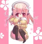  1girl blush breasts chibi headphones large_breasts long_hair looking_at_viewer miki_souya nitroplus no_pants open_mouth panties pink_eyes pink_hair smile solo super_sonico thigh-highs underwear 