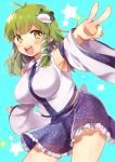  +_+ 1girl blue_background blush breasts detached_sleeves frog_hair_ornament green_hair hair_ornament japanese_clothes kochiya_sanae large_breasts long_hair long_sleeves looking_at_viewer miko open_mouth outstretched_arm ponpoko shirt skirt smile snake_hair_ornament solo star touhou v wide_sleeves yellow_eyes 