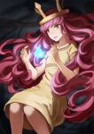  1girl brown_eyes child_of_light_(game) crown dress glowing highres igniculus long_hair open_mouth princess_aurora redhead shuang_ye 