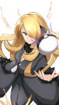  1girl absurdres blonde_hair blue_eyes breasts buttons cleavage fur hair_ornament hair_over_one_eye highres long_hair long_sleeves poke_ball pokemon routosu shirona_(pokemon) simple_background solo white_background 