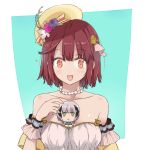  +_+ 2girls atelier_(series) atelier_sophie bare_shoulders between_breasts brown_eyes brown_hair collarbone green_eyes hair_ornament hat jewelry maromi_(am97) minigirl multiple_girls necklace open_mouth plachta silver_hair smile sophie_neuenmuller upper_body yuri 