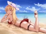  1girl beach blonde_hair blue_eyes cai_geng hat highres long_hair lying on_stomach original swimsuit 