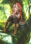  1girl animal_ears black_hair blush boots fire_emblem fire_emblem_cipher fire_emblem_if grey_hair hood hoodie leaf long_hair multicolored_hair official_art open_mouth red_eyes sitting solo sparkle tail tree two-tone_hair velour_(fire_emblem_if) wolf_ears wolf_tail 