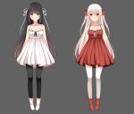  2girls arms_behind_back asymmetrical_clothes asymmetrical_hair asymmetrical_legwear black_hair black_legwear blue_eyes boots dress highres long_hair multiple_girls original pantyhose red_dress red_eyes ribbon simple_background smile twintails two_side_up white_dress white_hair white_legwear 