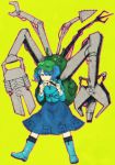  1girl backpack bag blue_eyes blue_hair boots full_body green_background hair_bobbles hair_ornament hat highres huyukai_higeta kawashiro_nitori key long_sleeves looking_at_viewer mechanical_arm mouth_hold rubber_boots shirt simple_background skirt solo string touhou twintails 