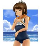  1girl brown_eyes brown_hair clothes_writing emonyu i-401_(kantai_collection) kantai_collection name_tag one-piece_swimsuit ponytail sailor_collar school_swimsuit school_uniform serafuku shirt_lift short_ponytail smile swimsuit swimsuit_under_clothes tan tanline 