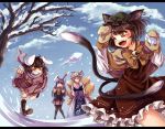  4girls adapted_costume animal_ears bell black_legwear blue_sky bow brown_eyes brown_gloves brown_hair capelet carrot cat_ears cat_tail chen clenched_teeth clouds dress fang fox_tail gloves hands_in_sleeves inaba_tewi jacket jewelry long_sleeves multiple_girls multiple_tails namuko necklace nekomata o_o one_eye_closed open_mouth pantyhose pendant pink_dress rabbit_ears red_dress red_eyes reisen_udongein_inaba scarf shirt single_earring skirt sky smile snow snowball snowball_fight tabard tail teeth touhou tree two_tails violet_eyes white_dress wide_sleeves yakumo_ran 
