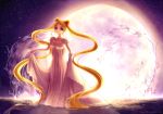  1girl absurdly_long_hair backlighting bishoujo_senshi_sailor_moon blonde_hair blue_eyes chanzie crescent double_bun dress earrings facial_mark forehead_mark jewelry long_dress long_hair moon princess_serenity skirt_hold sky solo standing standing_on_liquid star_(sky) starry_sky tsukino_usagi twintails very_long_hair water watermark web_address white_dress 